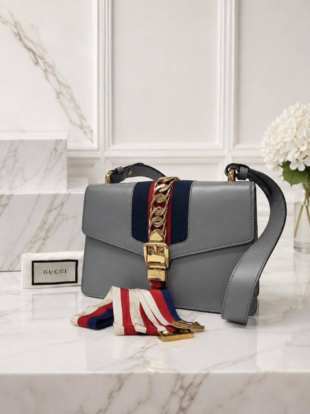 Authentic Gucci Sylvie Small Gray Leather Web Shoulder Bag